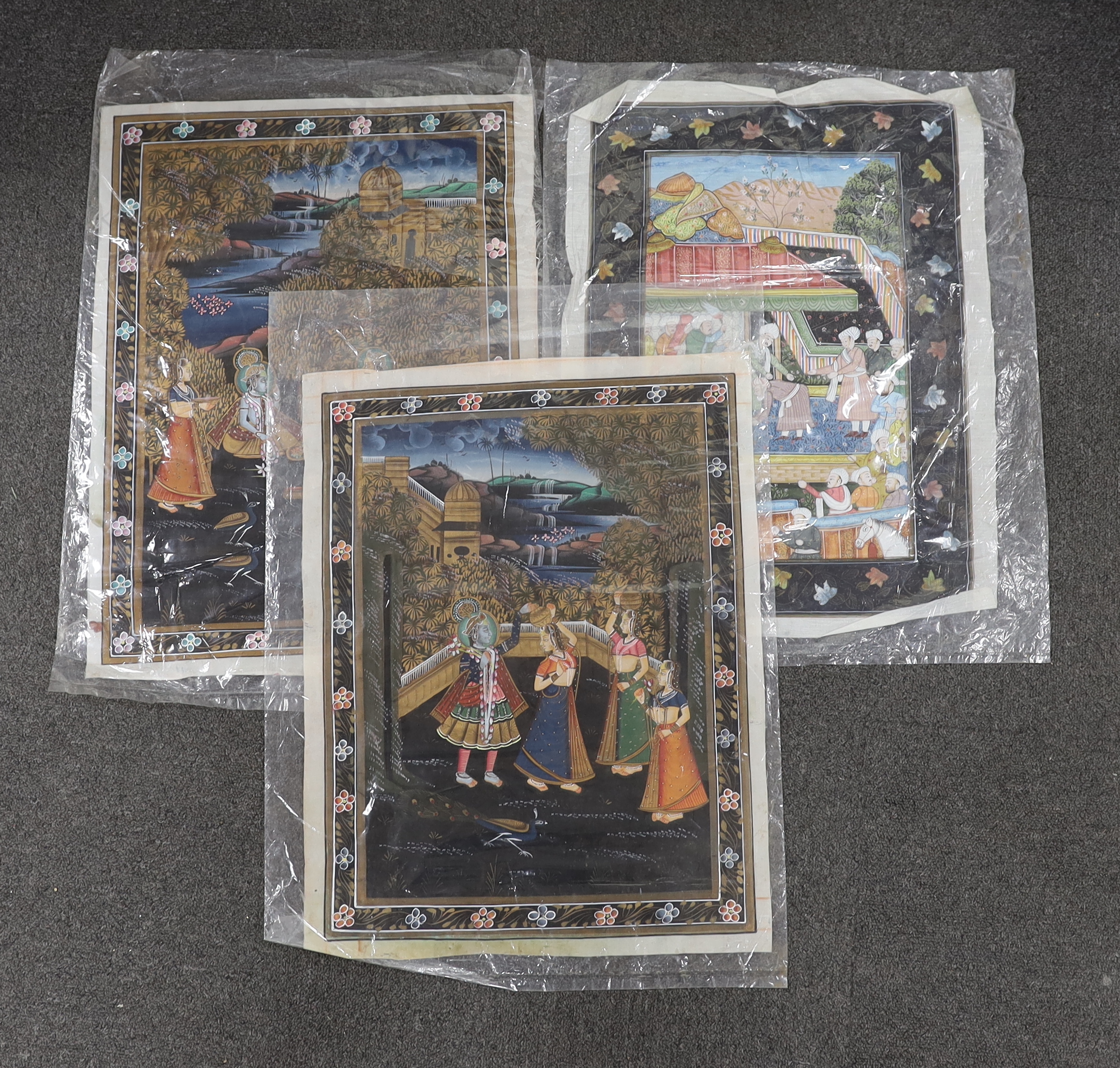 Indian Mughal style, set of three watercolours, emperor and attendants and figures dancing, unframed, 52 x 39cm